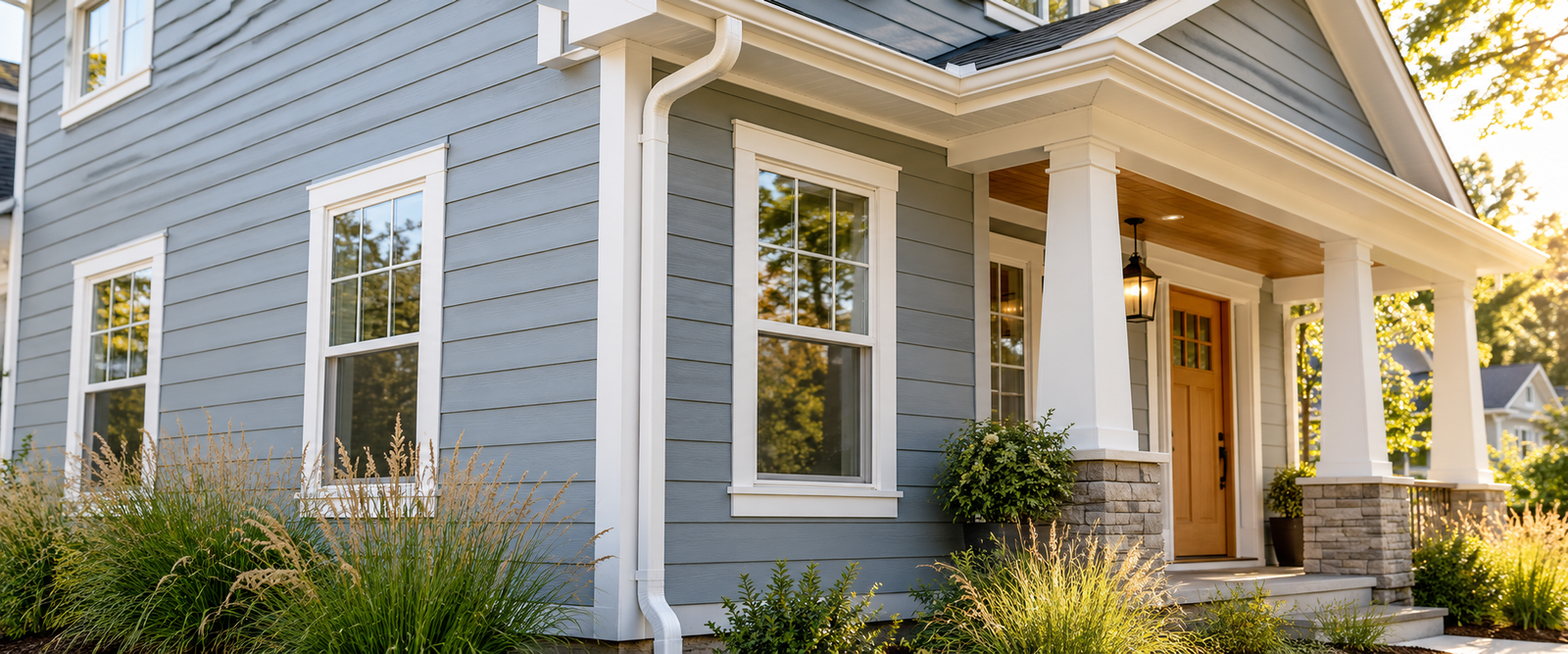Home with horizontal lap siding, white trim and rain gutters